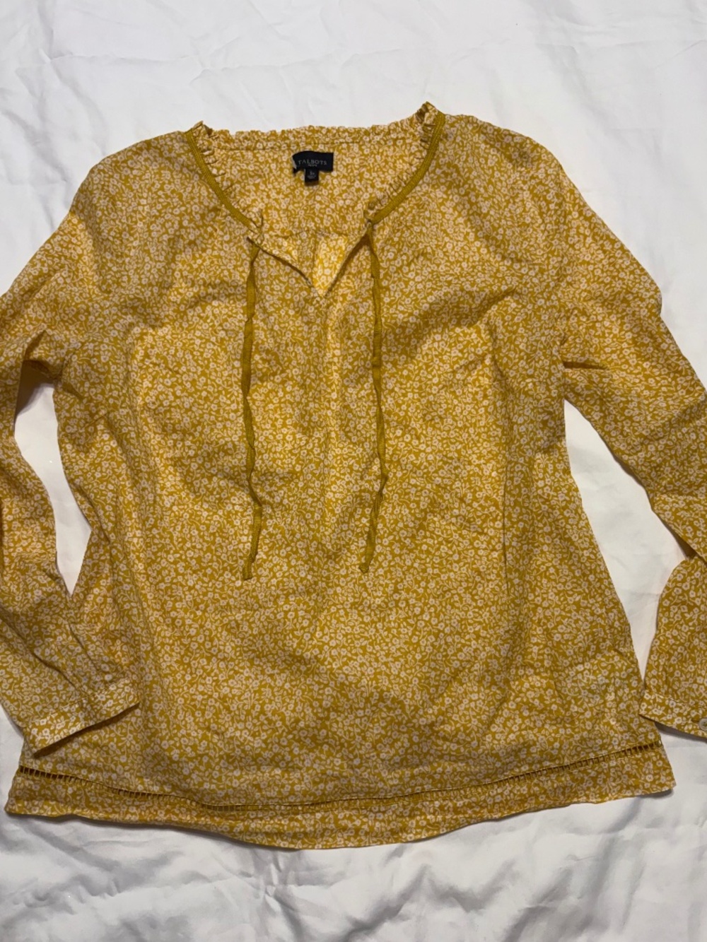 Talbots Petite Small Yellow Floral Cotton Tie Neck Blouse NWOT